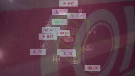 animación de notificaciones de redes sociales y candado con interferencia en los iconos de redes globales