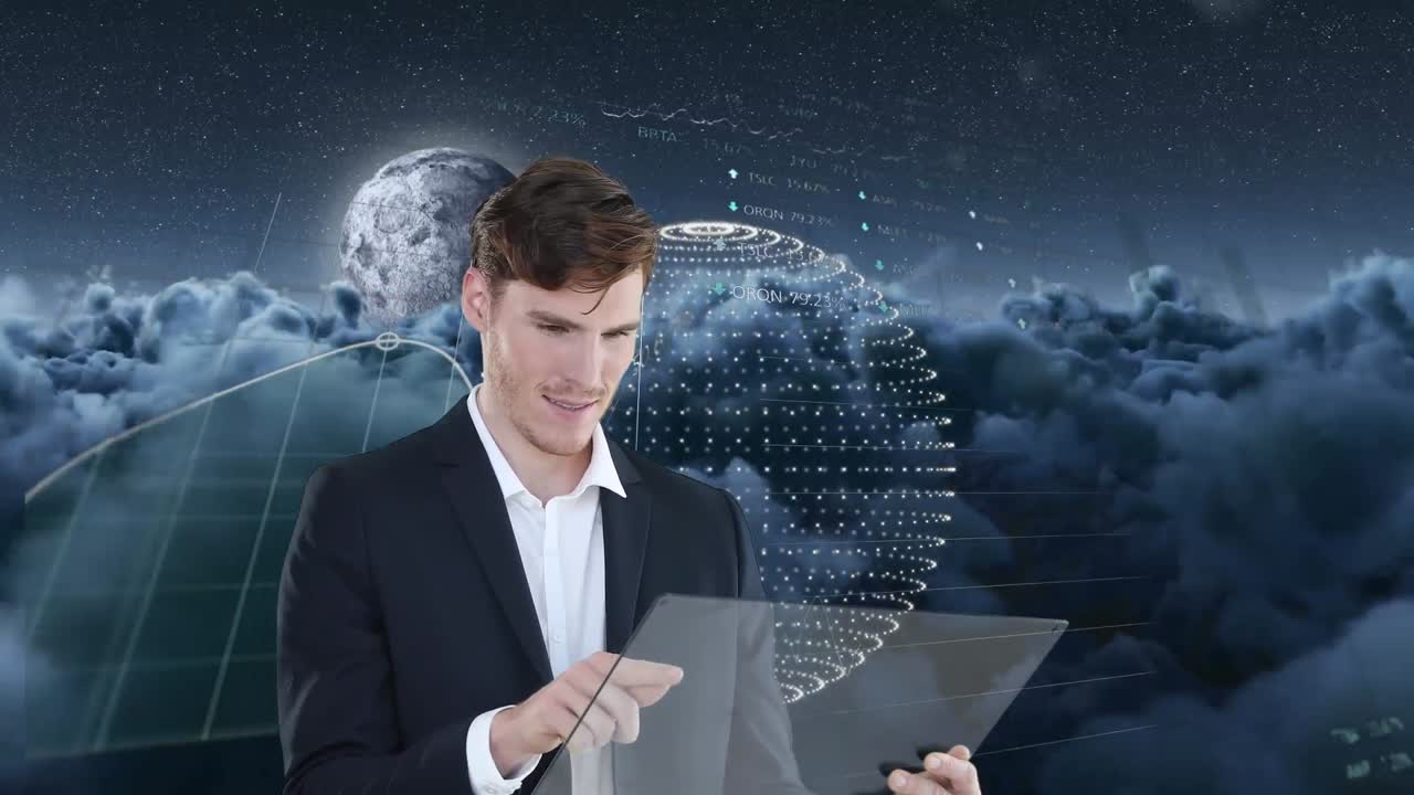 구름이 많은 하늘 위의 파란 시계의 애니메이션