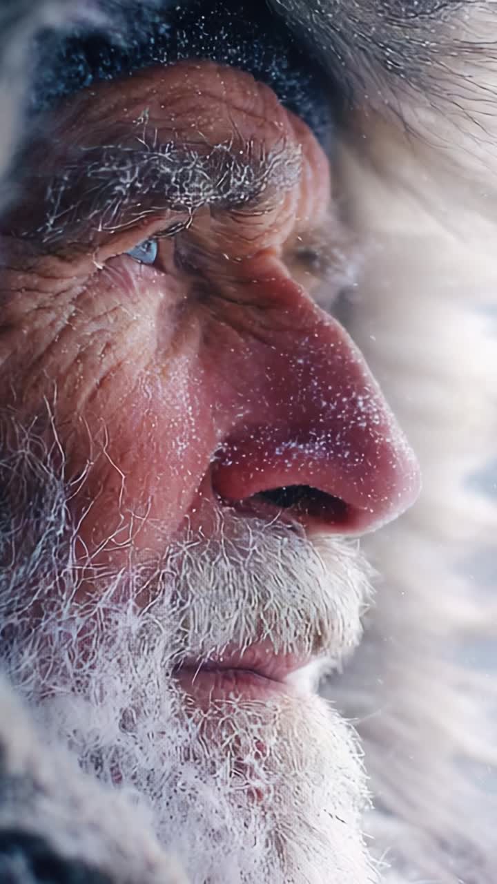 Un primo piano di un uomo anziano con barba bianca che mostra la sua resilienza e saggezza in un paesaggio freddo e invernale, catturato con splendidi dettagli