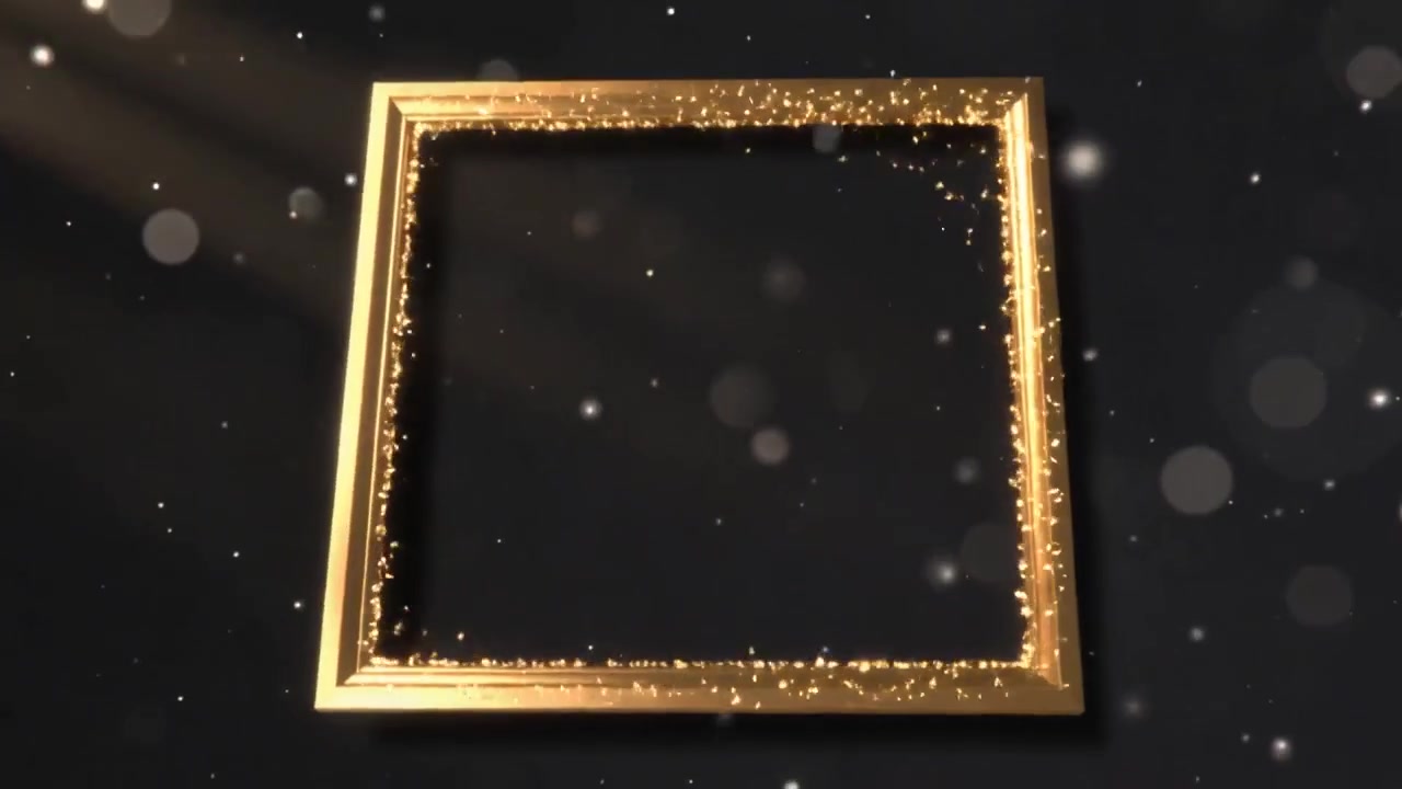 Rotating gold square frame, camera tilting in dark studio, particles forming rim under left light