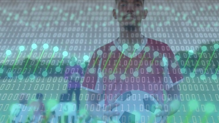 Male player moving holding soccer ball, camera zooming in, binary overlay mapping metrics for tech