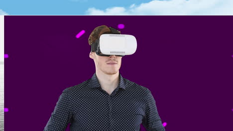 animación de un hombre usando auriculares vr sobre un cielo nublado