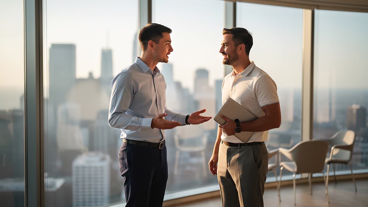 Due professionisti che parlano e sorridono mentre tengono un laptop in ufficio con lo sfondo dello skyline della città durante una discussione di lavoro