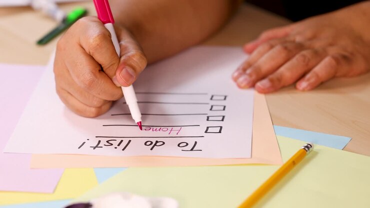 Person writes tasks on checklist paper using marker, surrounded by stationery in bright lighting
