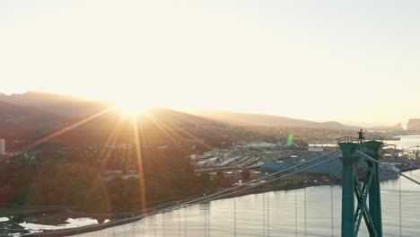 drone fly back shot revealing the lions gate bridge in vancouver, british colombia, canada