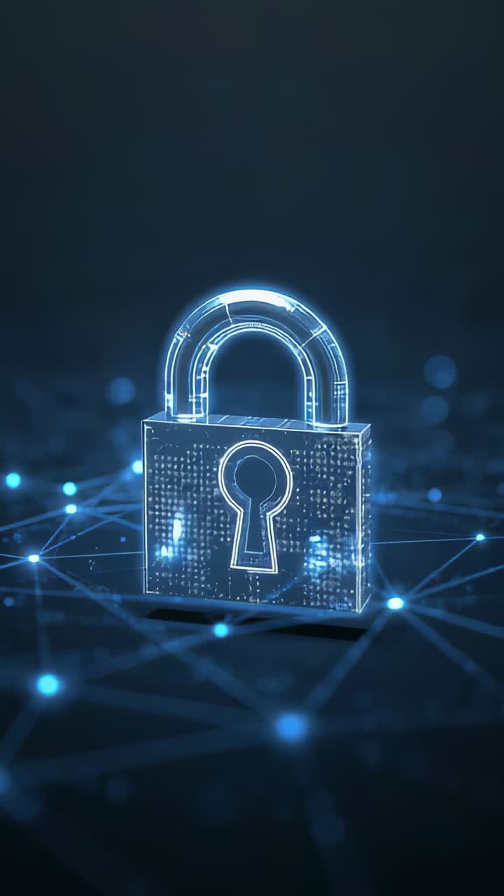 Vertical video: Starting animation, pulsing holo padlock scanning net grid with glowing particles