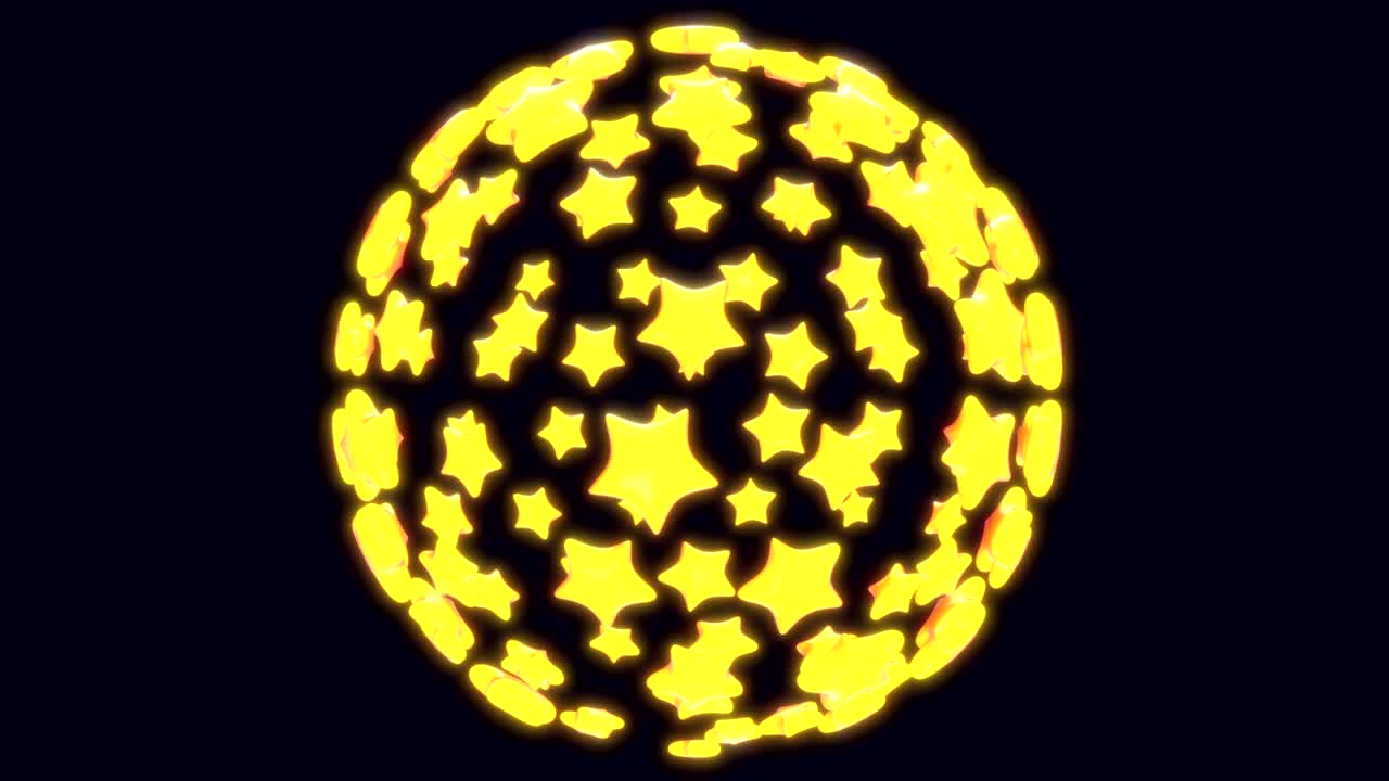 실제적인 3d 만화 비행과 검은 바탕에 노란색 별의 회전 구. 게임 또는 방송 장식에 대한 추상적인 밝은 개념. 루프 3d 애니메이션.