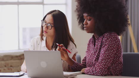 two millennial female business creatives listening and making notes in a team meeting, close up