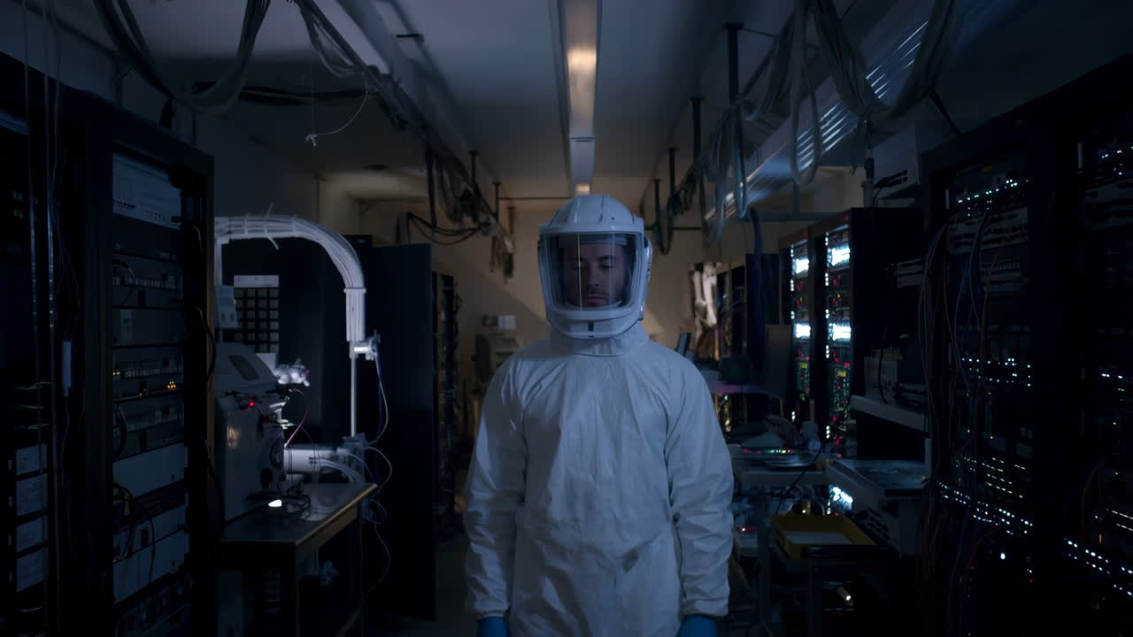 Scientist in a Hazmat Suit in a Server Room