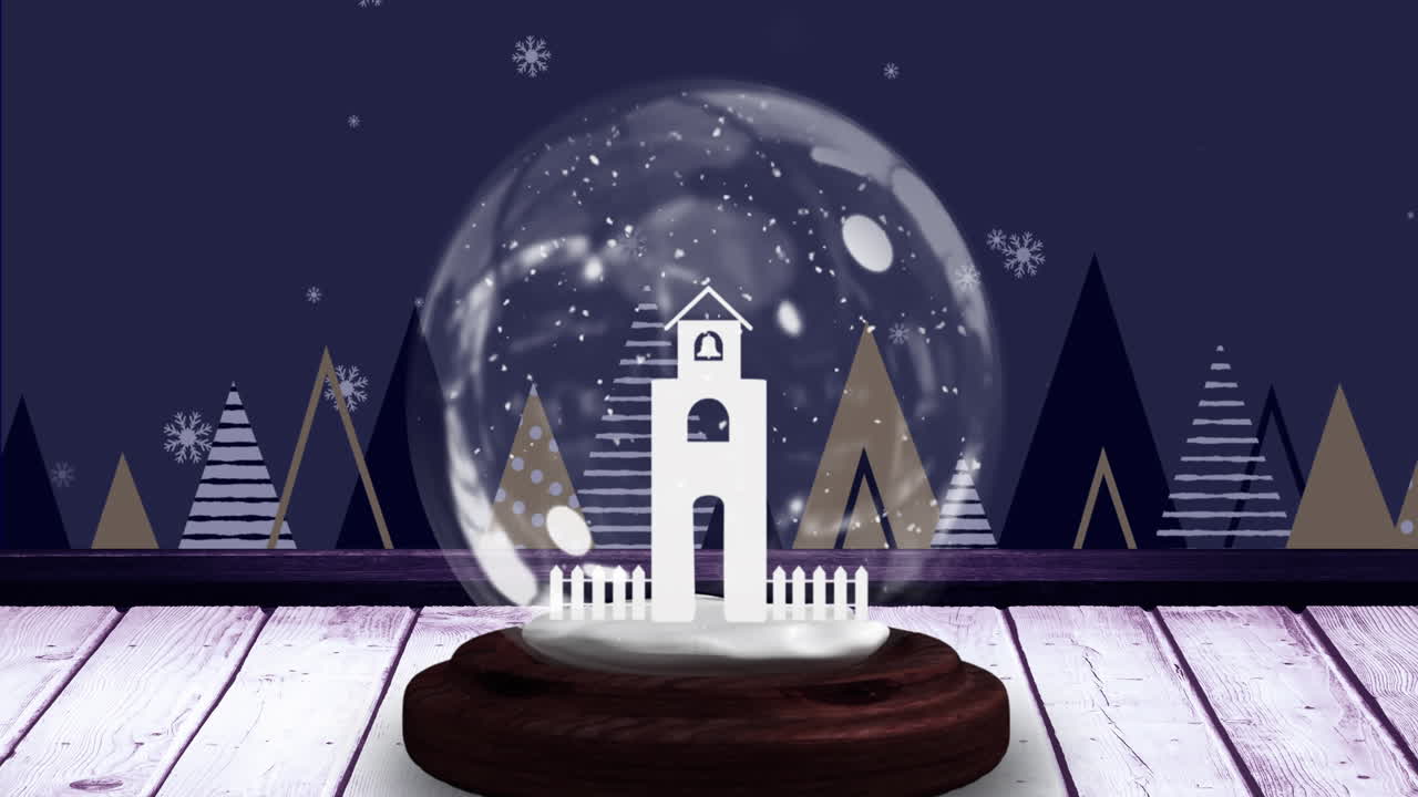 Animation of snow globe over snow falling and winter scenery at christmas