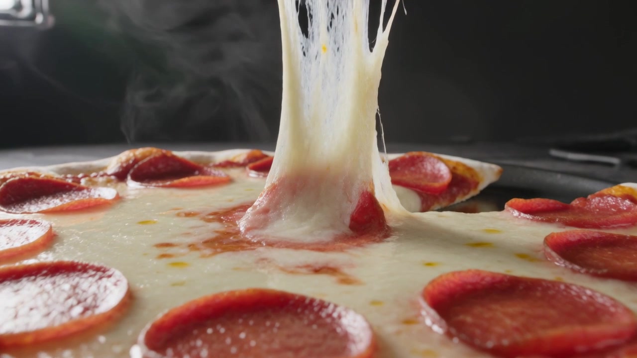 Paletta metallica scorrevole, una mano che solleva una fetta di salame piccante da una padella in cucina, con il formaggio che si allunga per essere servito.