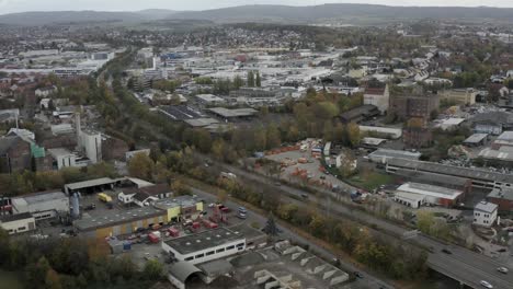 Drone-Aerial-Shot-of-industrial-buildings-in-Kassel-in-Germany,-Hessen,-Europe