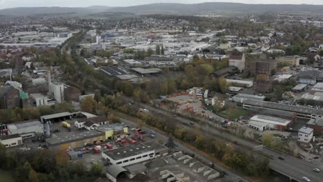 drone aerial shot of industrial buildings in kassel in germany, hessen, europe