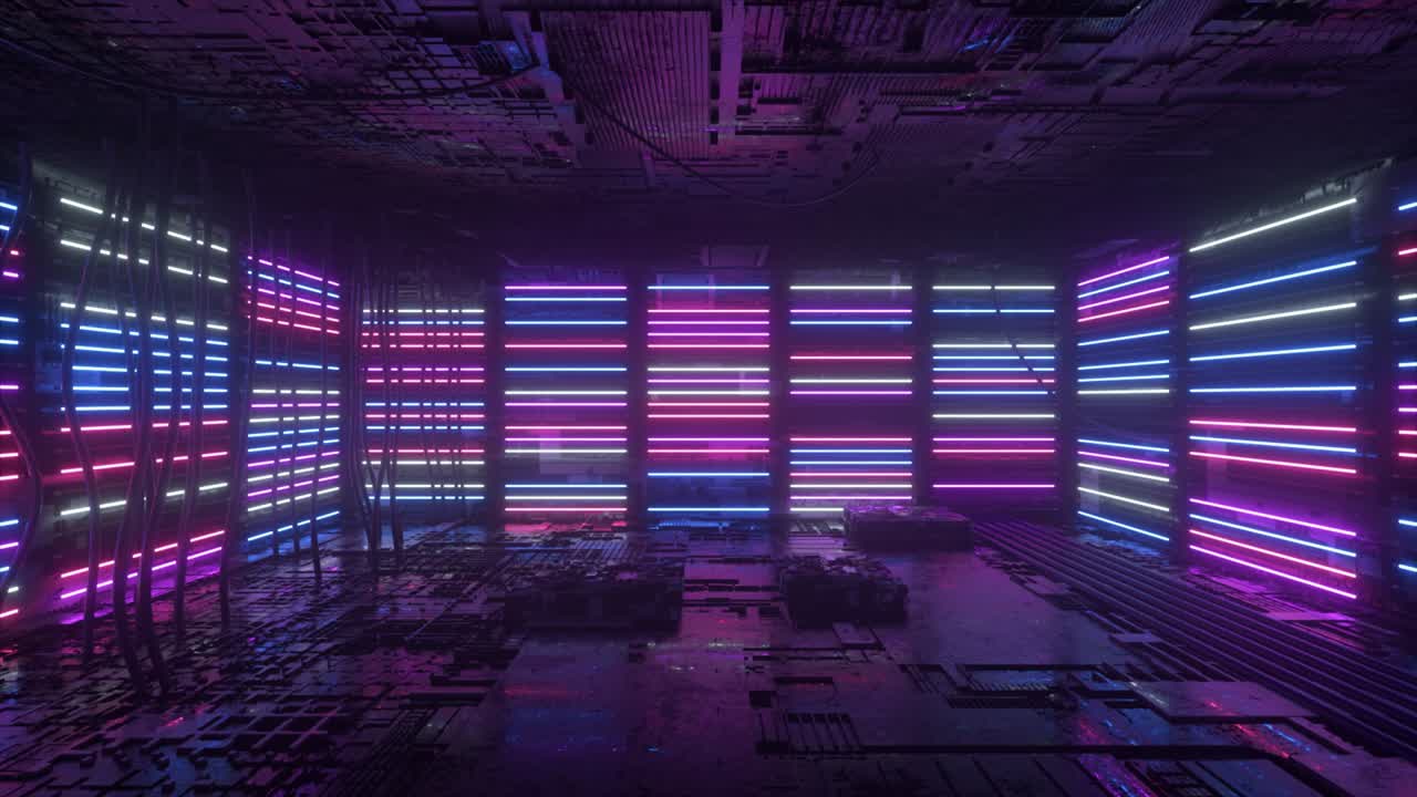 Neon background. Purple and blue neon background appears and disappears. Bright vibrant neon background. Technological space. Room. 3d animation