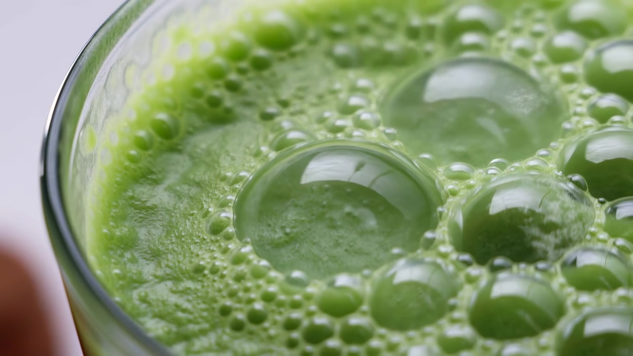 Yeşil bitki bazlı smoothie'nin hazırlanışını gösteren zamana dayalı yakın çekim sekansı, ilk dökülmeden sona yakın çöküşe kadar çekilmiş, özne sol üstte konumlanmış.