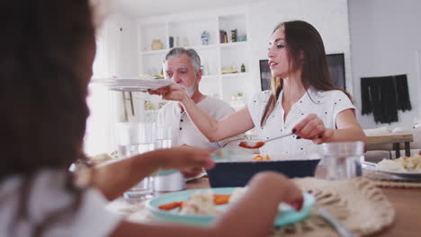 vista sobre el hombro de una niña joven comiendo en la mesa con su familia mientras su madre sirve comida