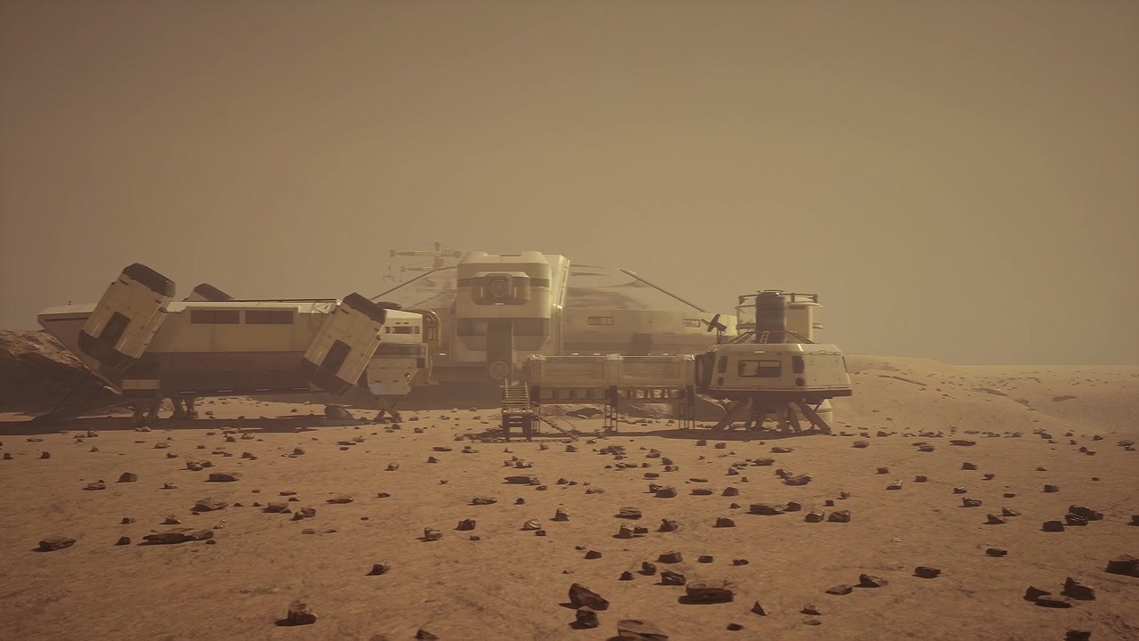 Desolate martian environment with scattered stones and silent units