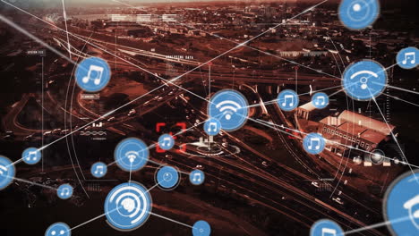 animation of network of connections with icons over cityscape