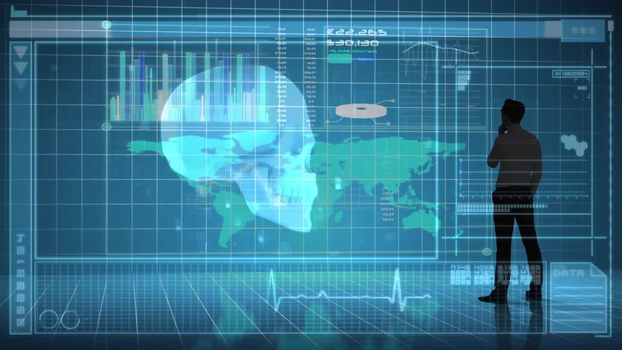 animación de cráneo humano girando y procesamiento de datos sobre el mapa del mundo y el hombre de negocios.