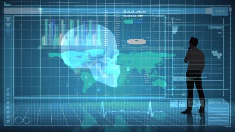 animation of human skull spinning and data processing over world map and businessman