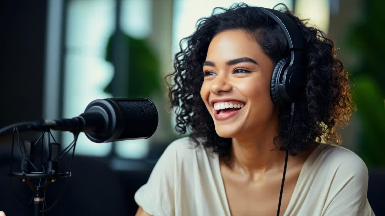 Una donna allegra registra un video podcast, indossa le cuffie e parla in un microfono