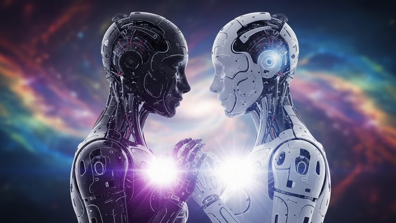 Una rappresentazione affascinante di due robot umanoidi, uno nero e uno bianco, impegnati in un momento di connessione sullo sfondo cosmico di luci e colori vorticosi
