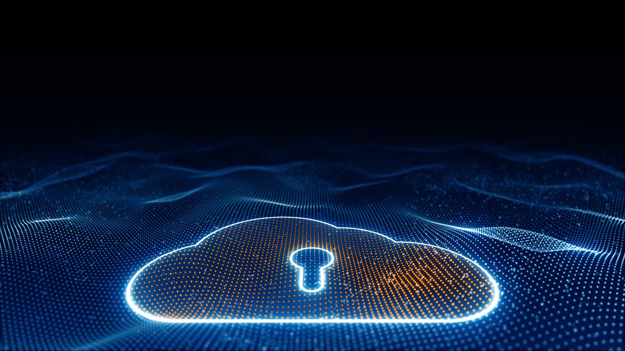 Motion graphic of Blue glowing particle wave with orange Cloud computing logo futuristic technology on abstract background seamless loop video