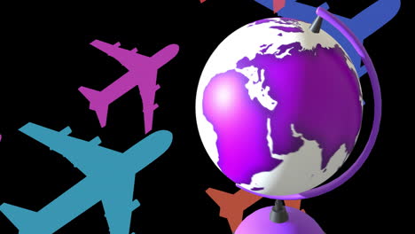 animation of spinning purple and white globe over colourful passenger jet planes on black background