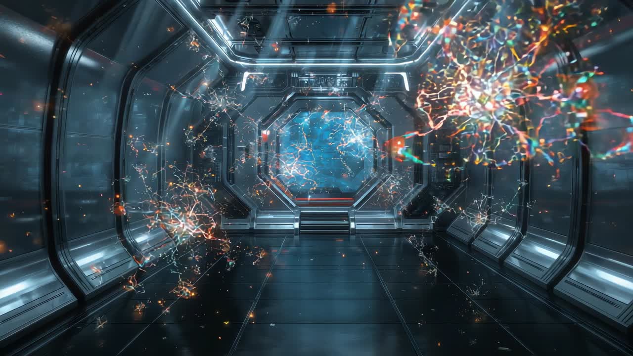 Portale emanante che rilascia filamenti fluttuanti lungo un corridoio metallico, formando una rete luminosa