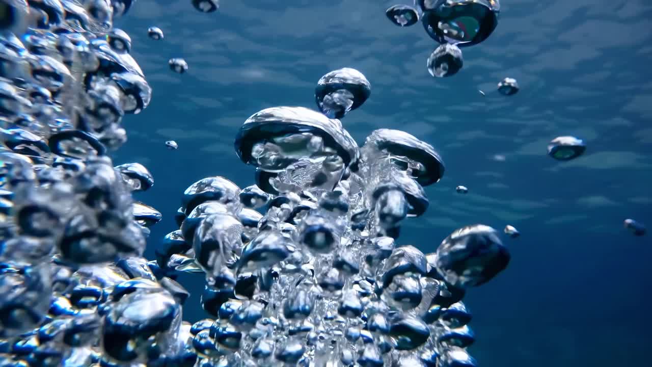 Video subacqueo che cattura bolle che salgono da una visuale dal basso, enfatizzando il movimento fluido.