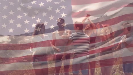 group of friends dancing and the american flag for fourth of july.