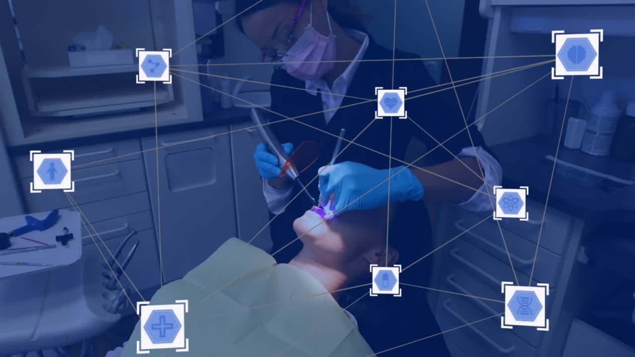 Animation of network of connections with icons over diverse dentist and patient in dental office