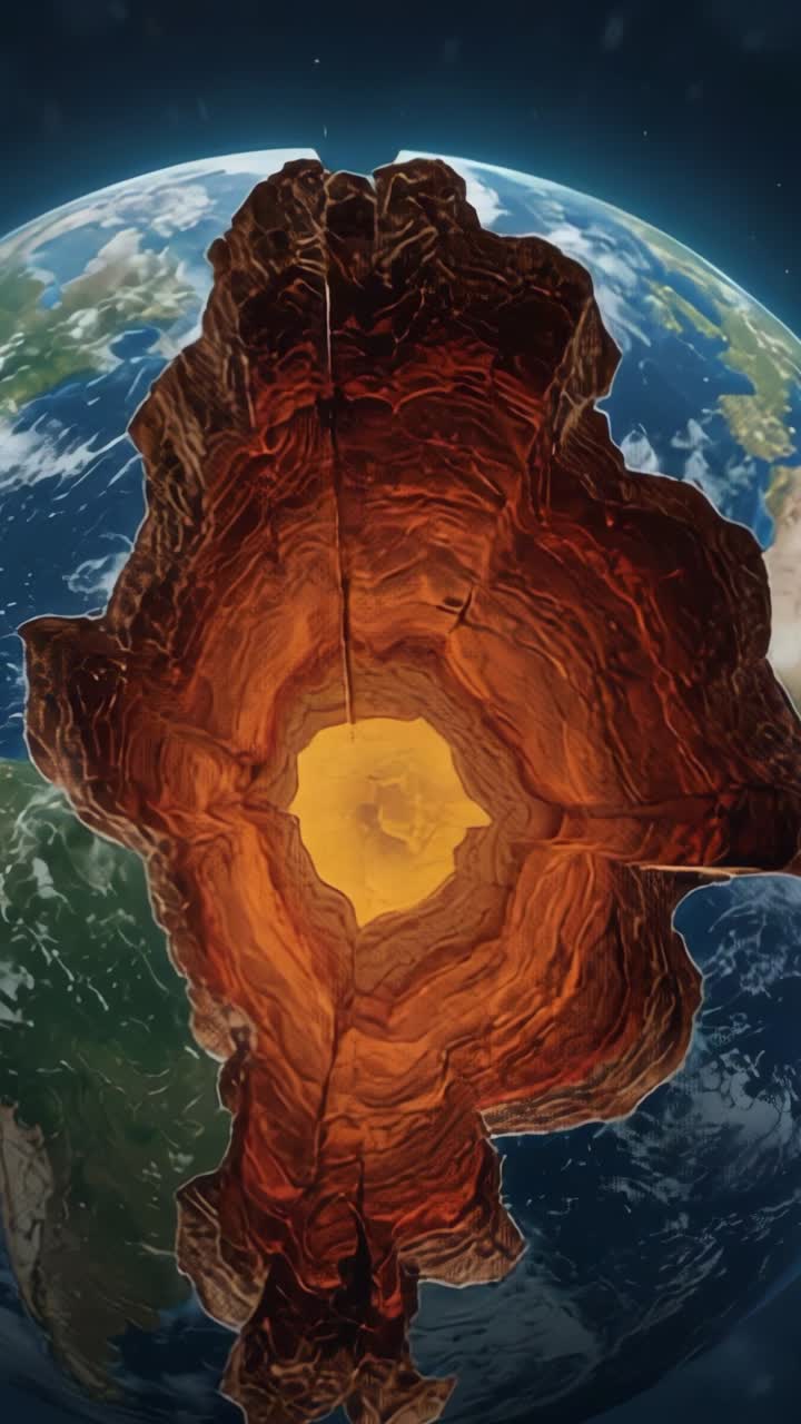 Vertical video: Spinning Earth slice in space revealing golden drill descending to molten core