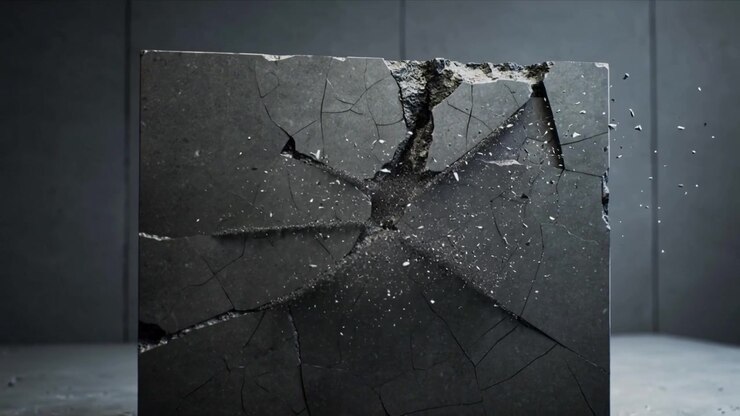 Cracking concrete block under stress, ejecting fragments, dust and chips in gray studio