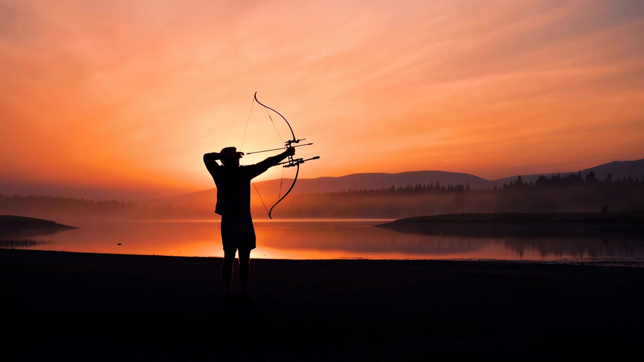 Una persona con un arco teso si staglia in silhouette accanto ad acqua tranquilla mentre la luce del tramonto si diffonde sull'orizzonte, con profili di terra distanti e un riflesso liscio che formano un'ampia composizione scenica.