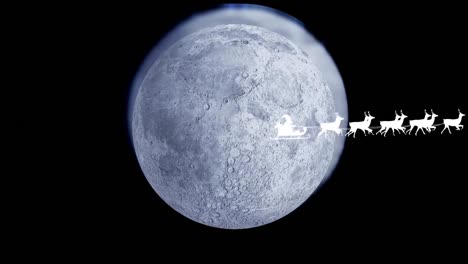 Animation-of-santa-claus-in-sleigh-with-reindeer-passing-over-moon-and-stars