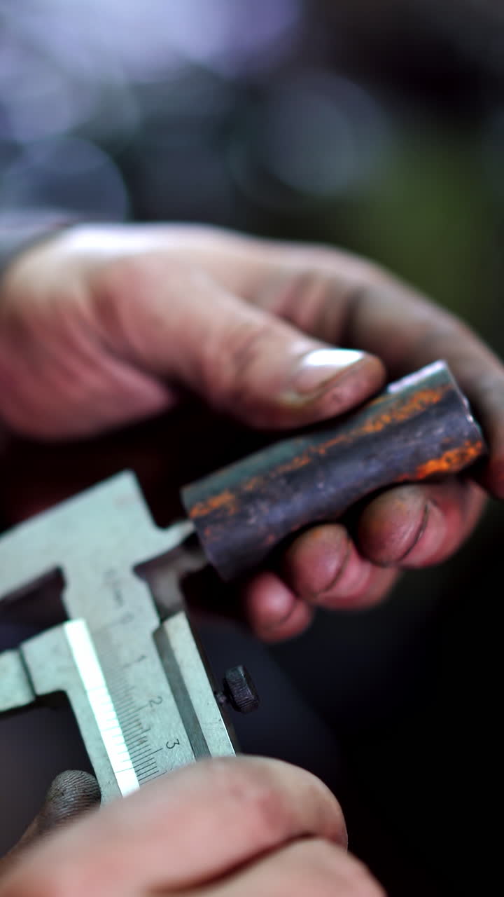 Industrial Worker With Vernier Caliper. Factory man worker measuring steel detail with caliper at workshop. Vertical video