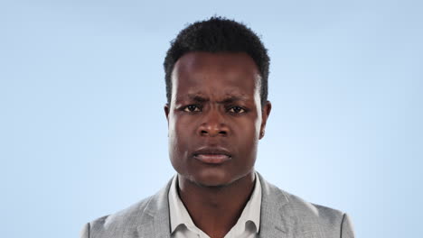 man, face and why in studio with confused