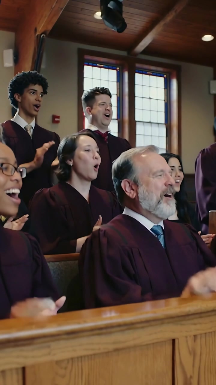 Video verticale: Inizia un inno, coro vestito di marrone che applaude e canta durante la funzione, vetrate colorate.
