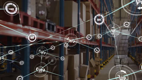 animation of network of connections with icons over warehouse