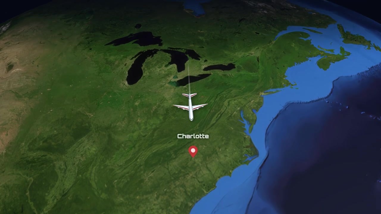 Satellite view animation tracks a commercial airplane flying from Bangkok to Charlotte across the globe