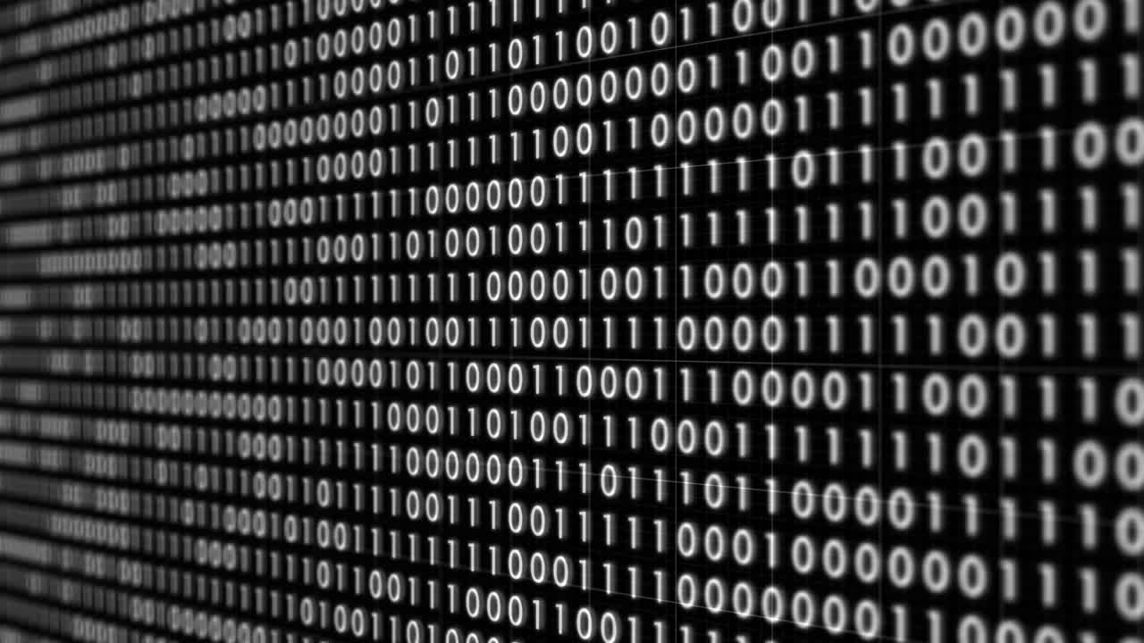 Vertically moving rows of dense binary code, consisting of 1s and 0s, represent the fundamental data structure of digital communication and computer systems.