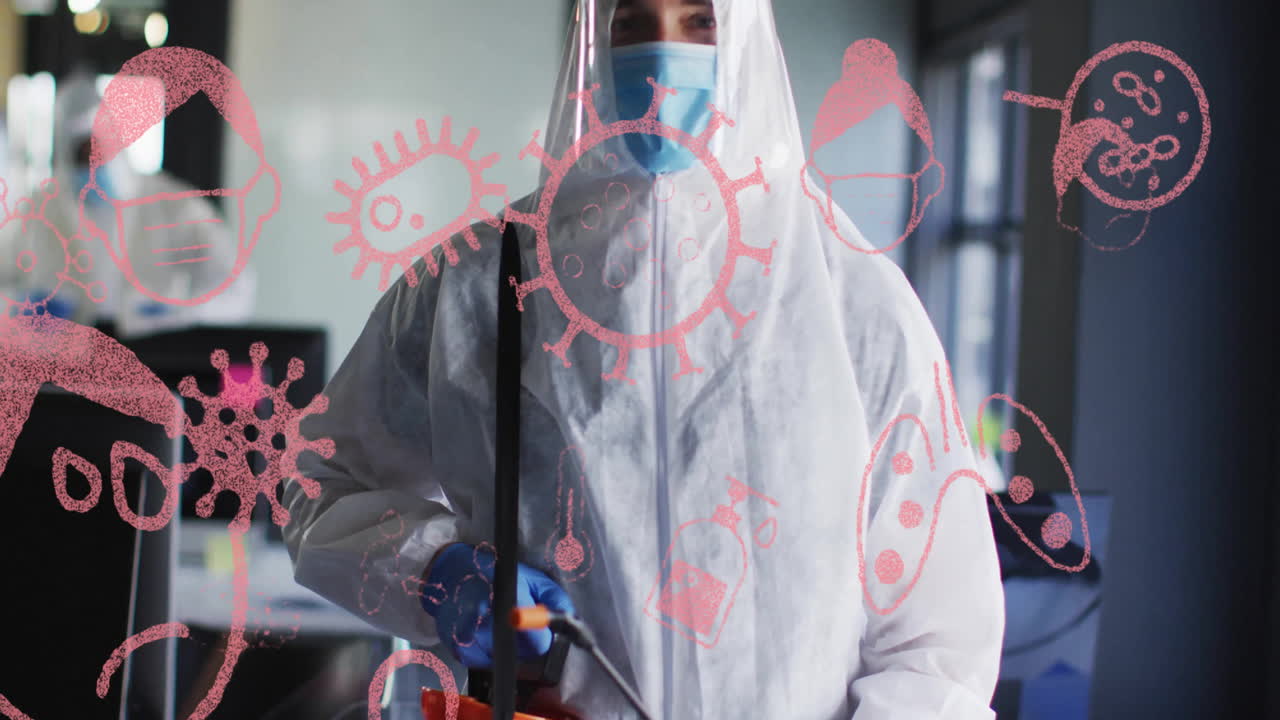Technician wearing protective suit spraying disinfectant in lab, with floating microbe virus icons