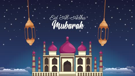 celebración de eid mubarak letras con mezquita y linternas