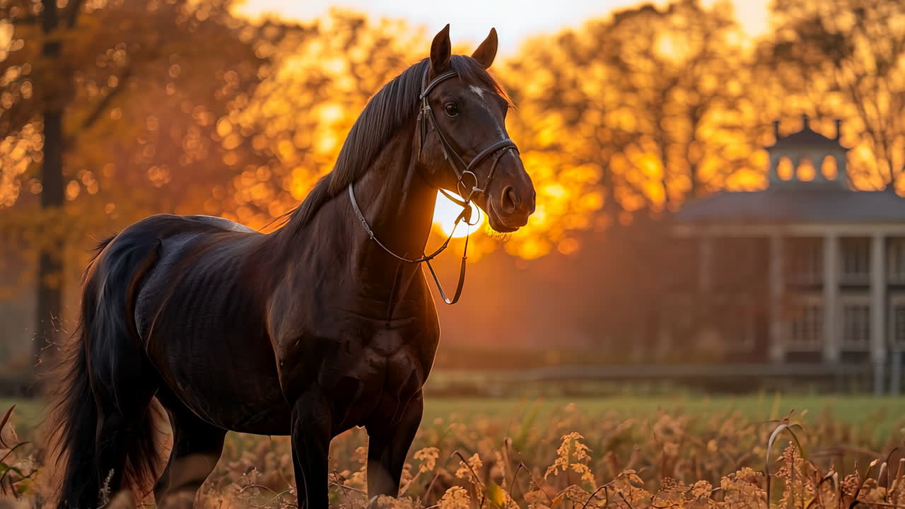 Black Horse Stands in Field at Sunset Near Historic Building. A black horse poses in a field, illuminated by a stunning sunset, with a historic building in the background surrounded by autumn trees.