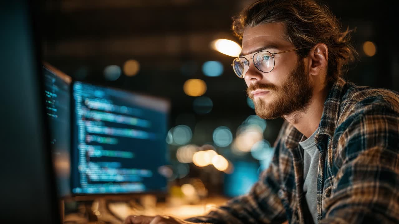 Focused Programmer Working Late at Night, Analyzing Code on Dual Monitors with Intense Concentration and Ambient Workspace Lighting in a Modern Office Environment