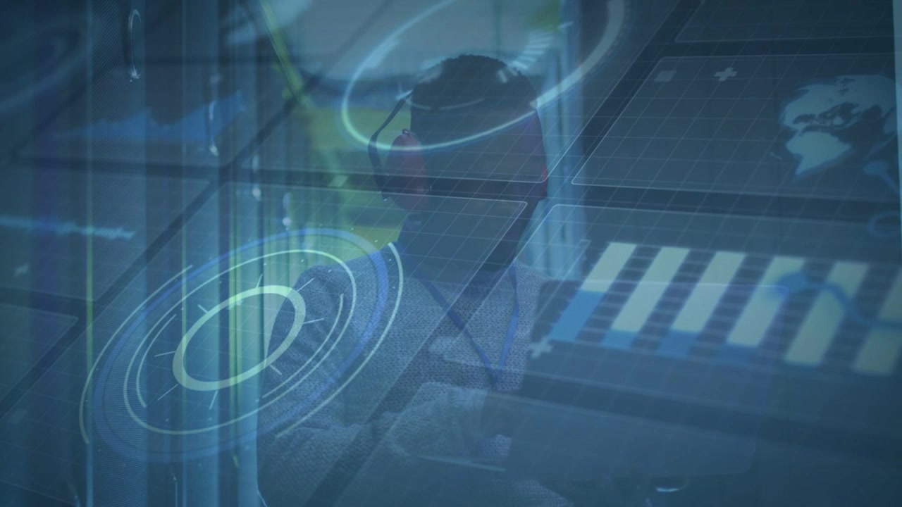 Transit operator with red headset monitoring systems while HUD appearing pulsing chart globe rings