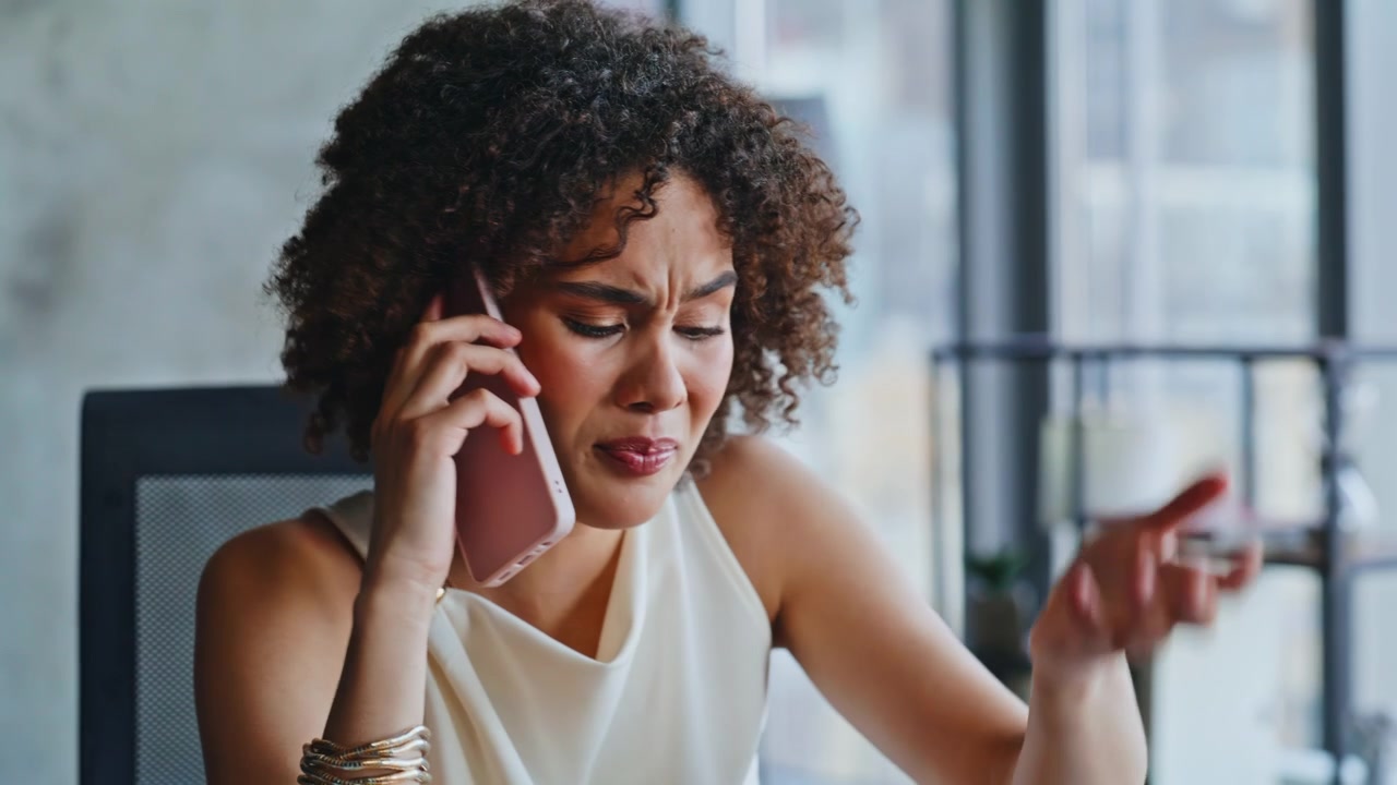 Distressed woman crying phone call office. Closeup upset businesswoman bad news.