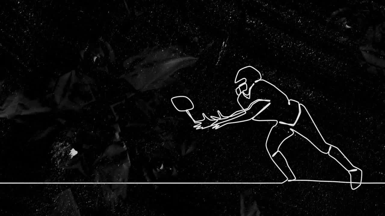 Outline of football player catching ball animation over dark abstract background