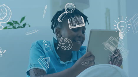 child using tablet with educational tools animation over blue background